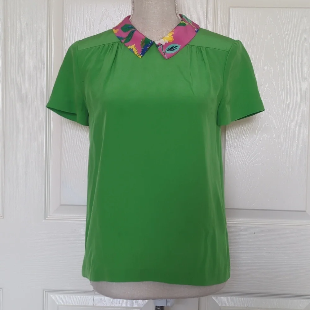 Kate Spade Bright Green Short-Sleeve Top with Pink Floral Collar